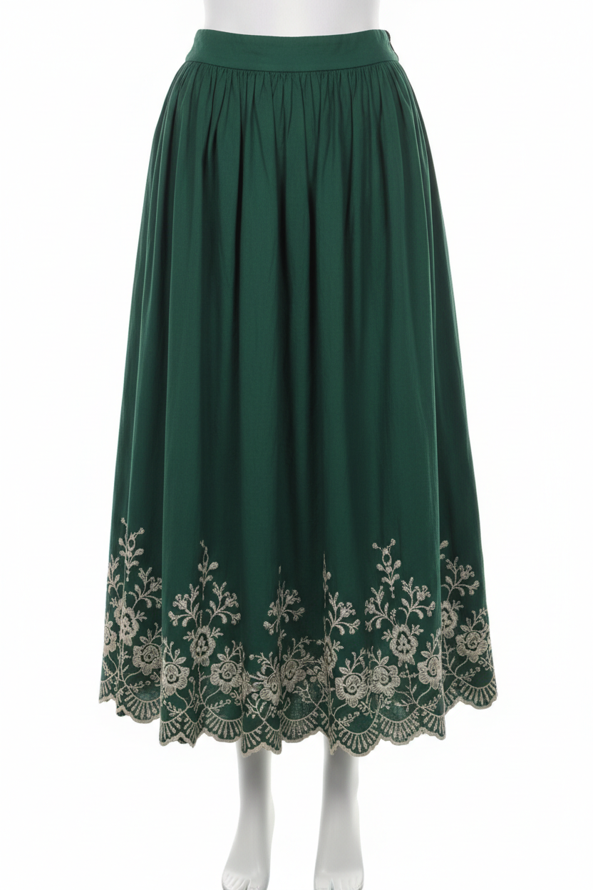 Forest green embroidered midi skirt - front view 2 on mannequin